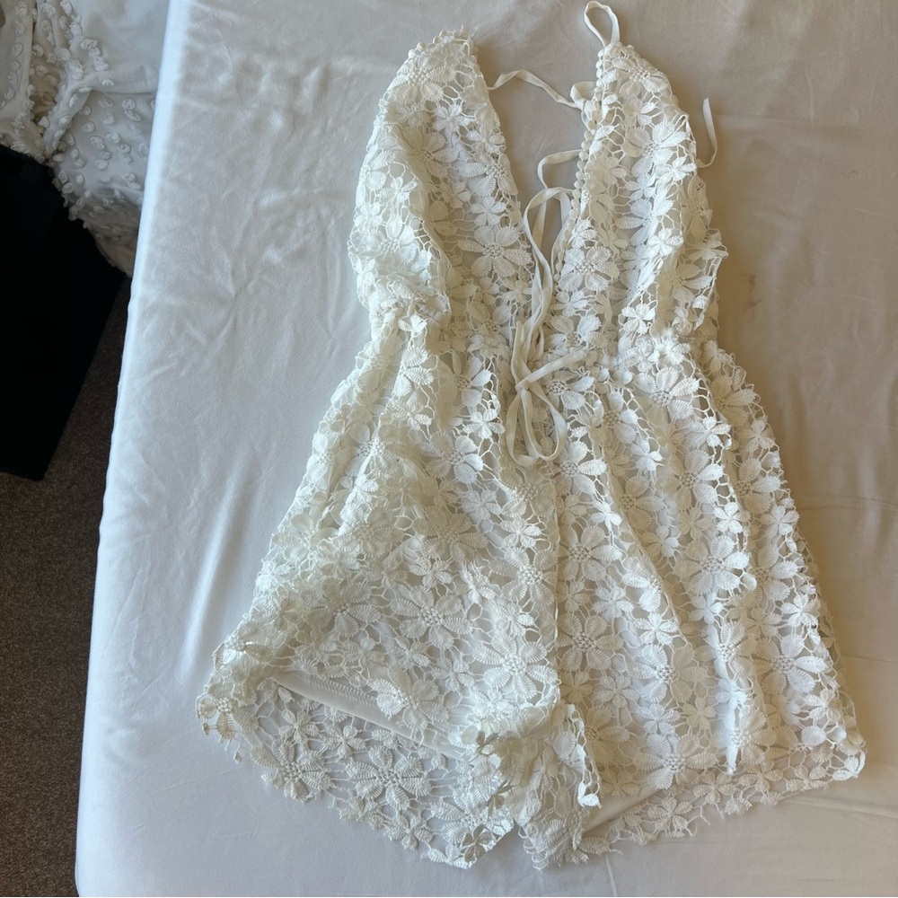 Ivory Lace Backless Halter Romper